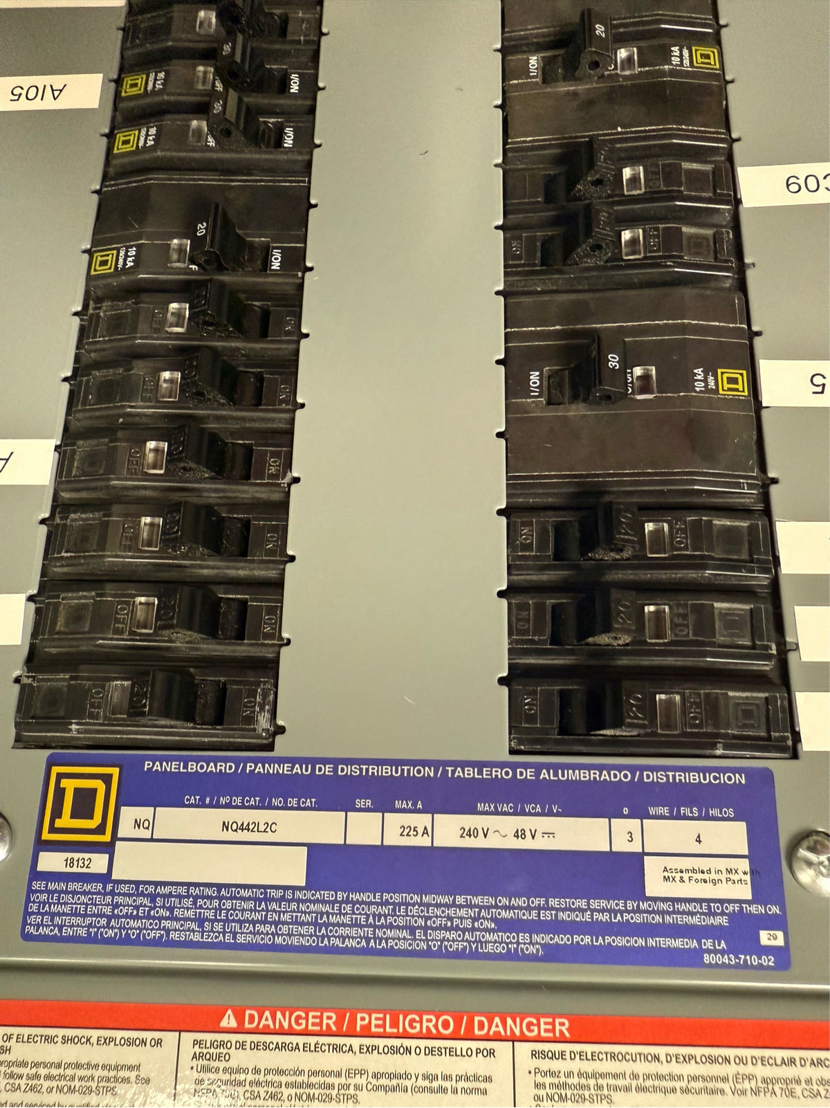 Square D NQ430L2C 225A Copper Bus Panelboard 240V 3PH 30-Cir LOADED w/ 25 Breakers (SKU: 109958)