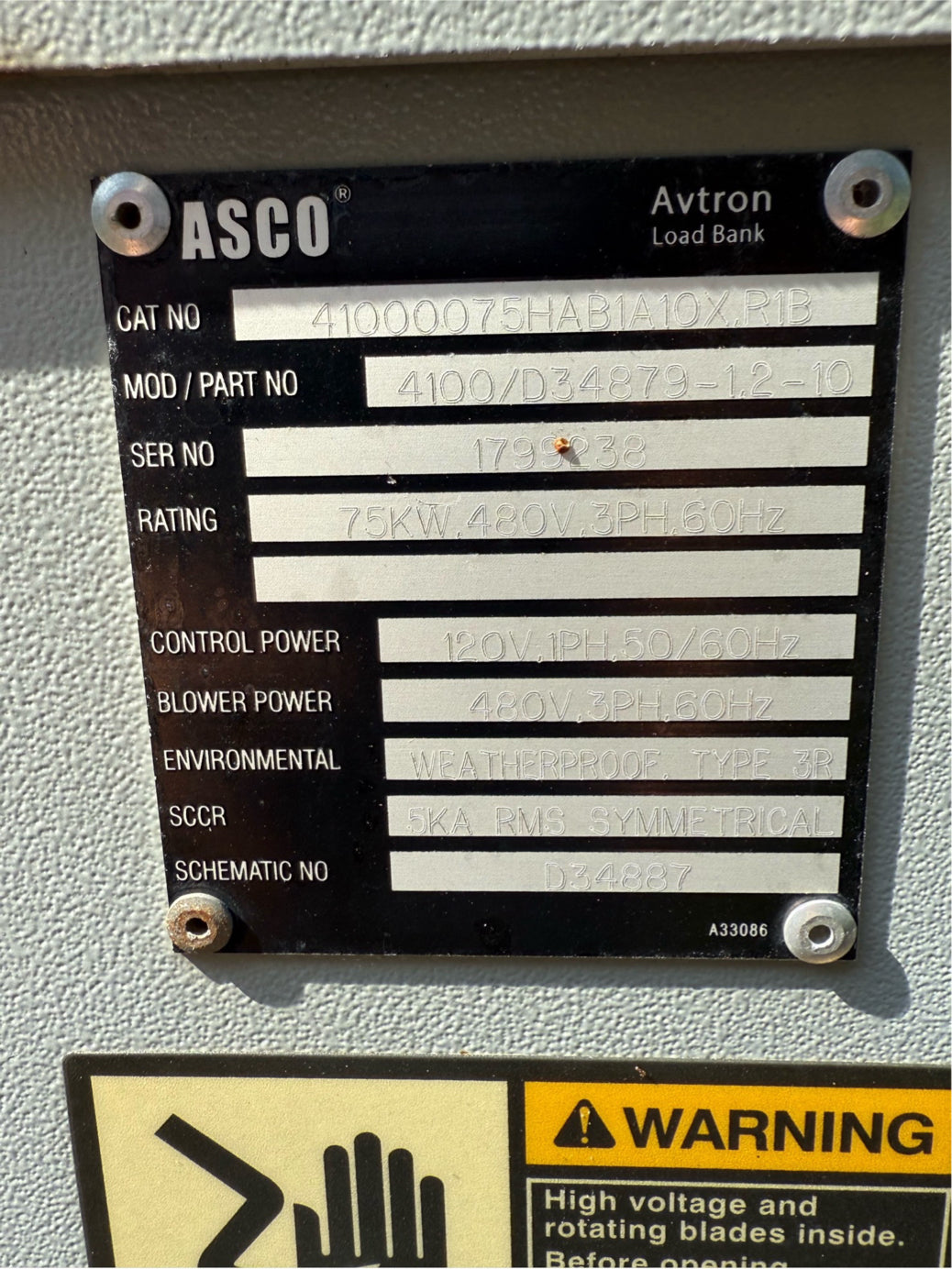 ASCO Avtron Load Bank 41000075HAB1A10X.R1B 75KW/480V/3PH/60Hz (SKU: 110395)