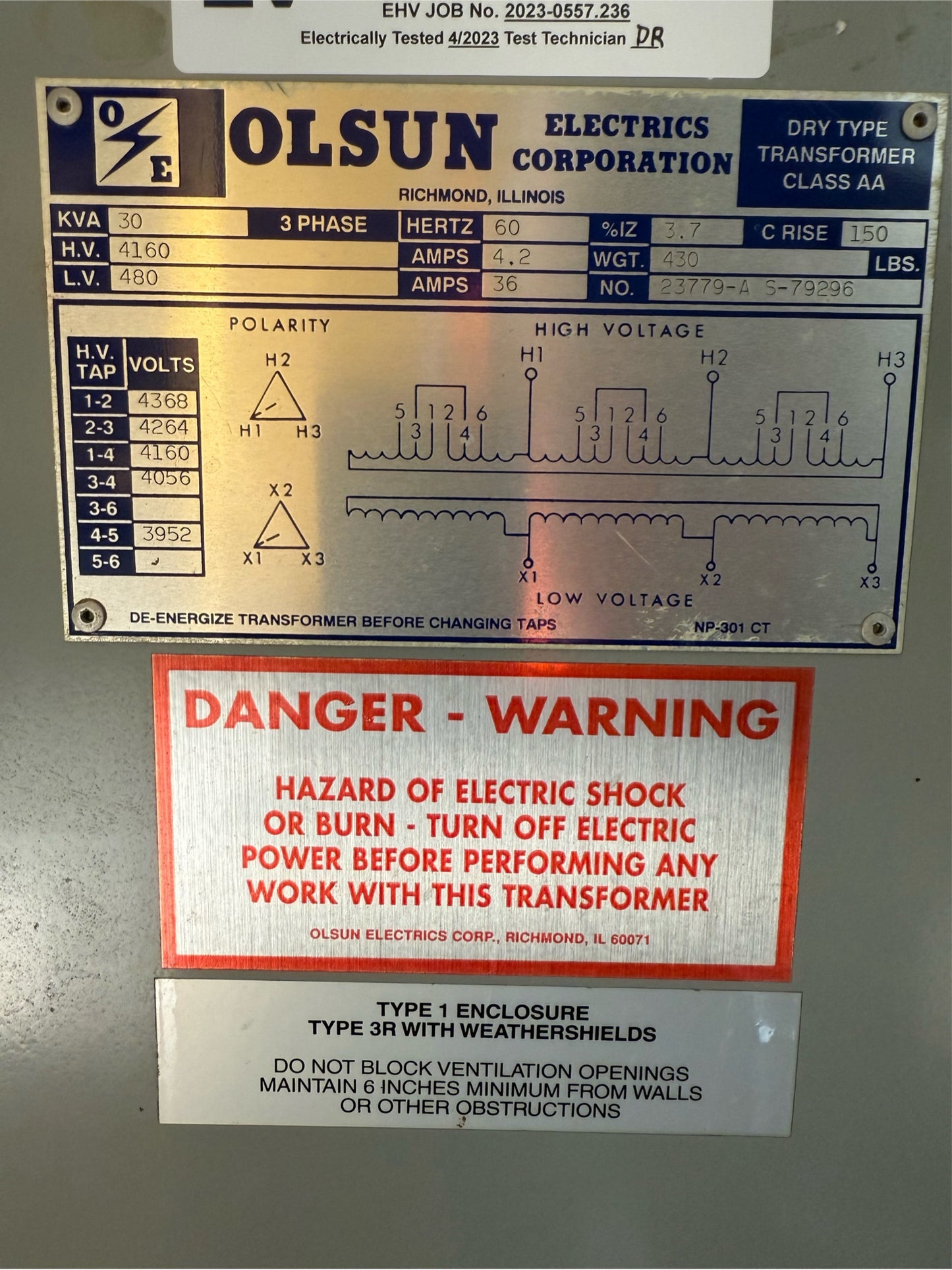 30KVA Olsun Dry Type Transformer AA 3PH 23779-A S-79296 4160v x 480v