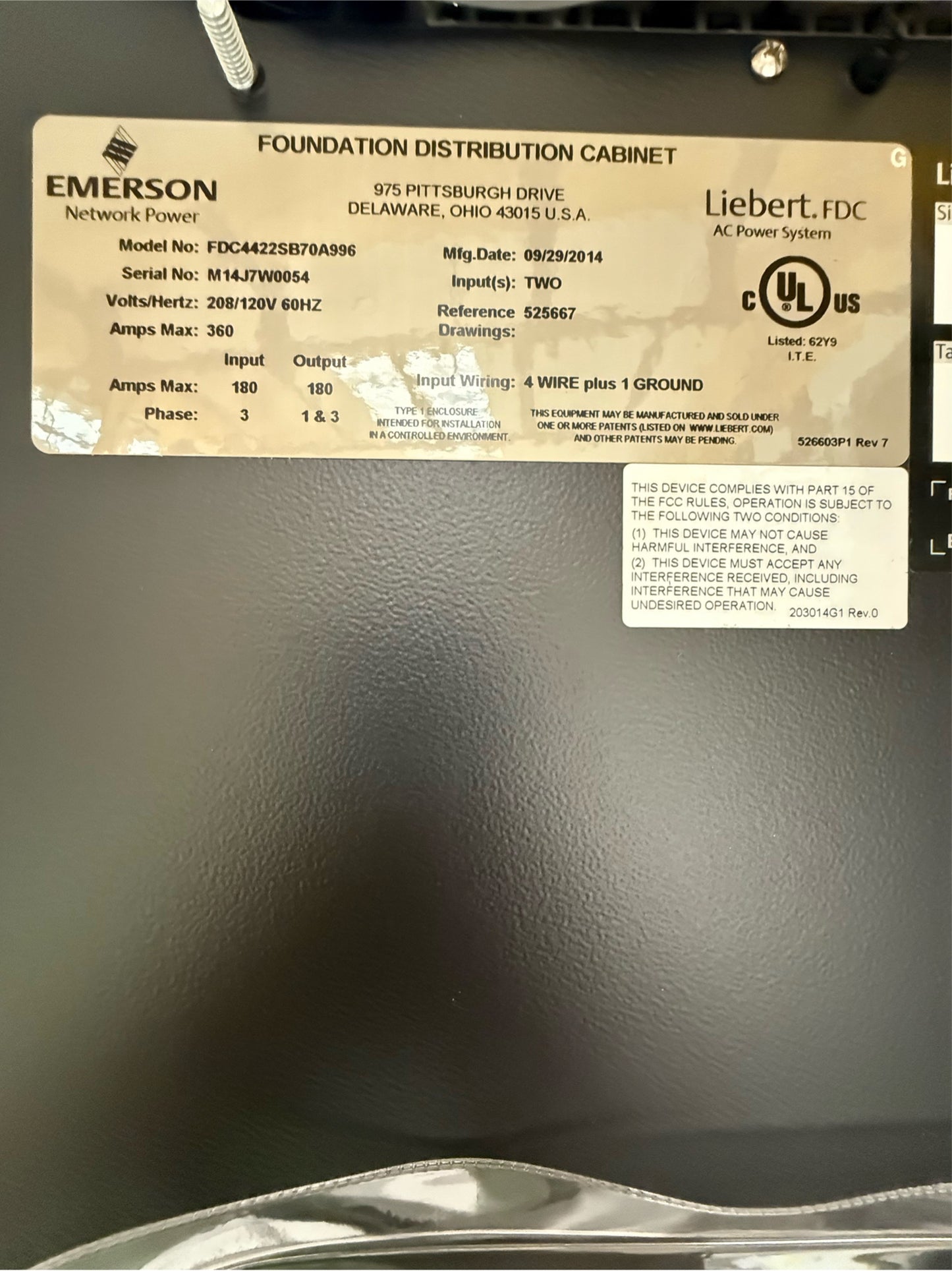 Emerson RPP FDC4422SB70A996 360A 208/120v 60hz 4 Panel(SKU: 111128)