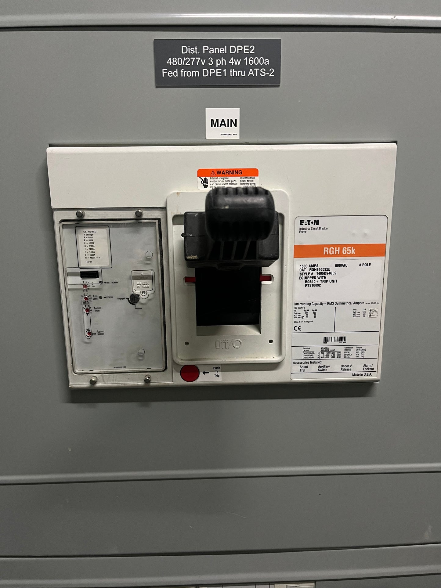 Eaton Pow-R-Line 1600 Amp 2 Section Switchboard 480V 3PH RGH Main NGH HMDL Breakers
