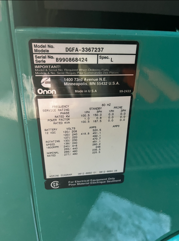 150KW Cummins DGFA 1&3PH Diesel Generator '99