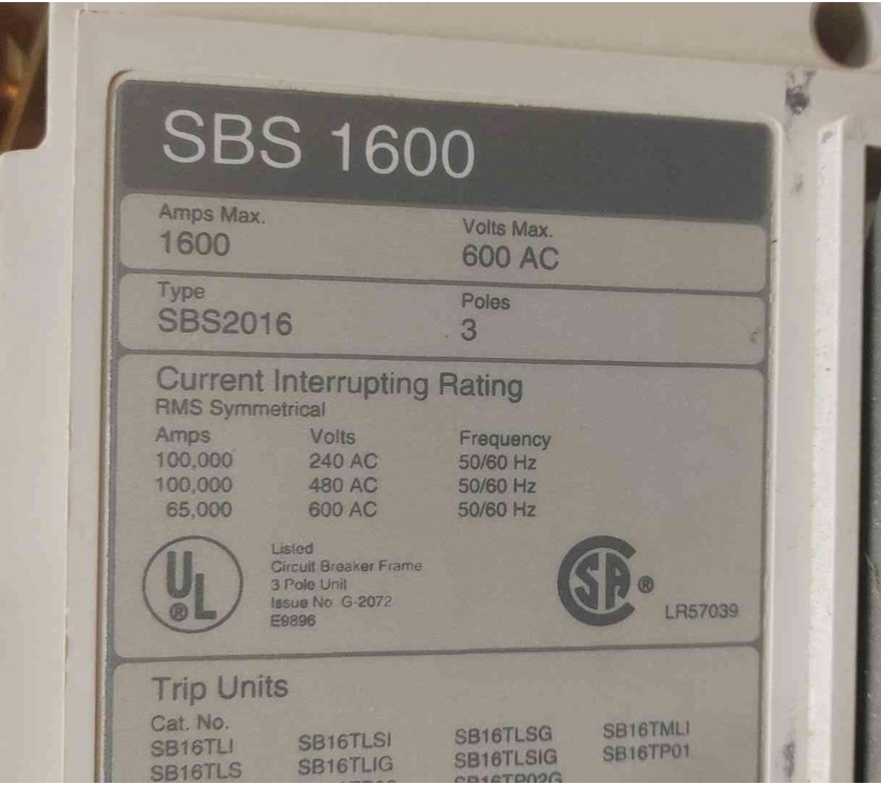 Siemens 1600A 3 Pole Breaker 600VAC SBS2016 in Chassis (108454)