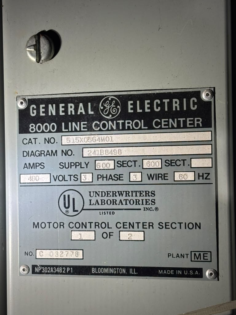 GE 8000 Line MCC Motor Control Center 2 Section 480V 600A 3 Phase 3 Wire 515X0564M01