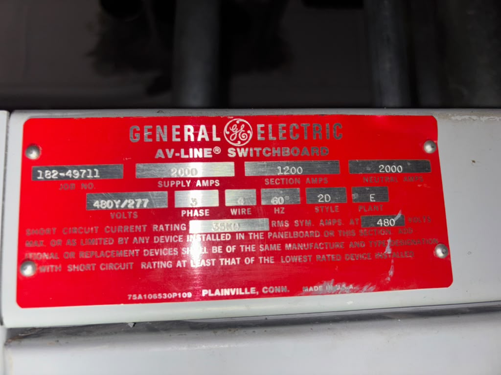GE AV-Line Switchboard Lineup 2000A 1600A 480Y/277V 3 Phase 4 Wire Distribution