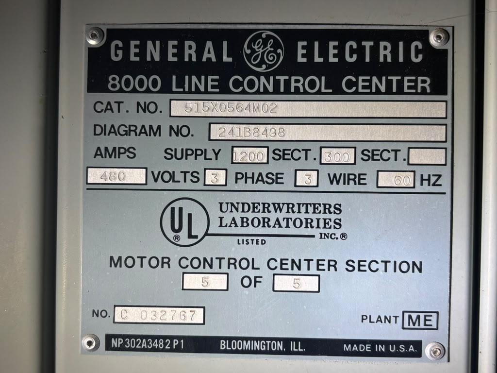 GE 8000 Line MCC Motor Control Center 5 Section 480V 1200A 3 Phase 515X0564M02
