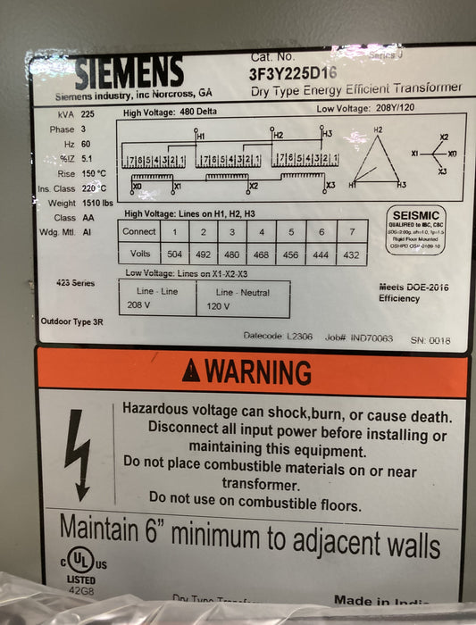 NEW 225KVA Siemens 3 Phase 3F3Y225D16 J Series Dry Type Transformer 480v x 208/120v-53201