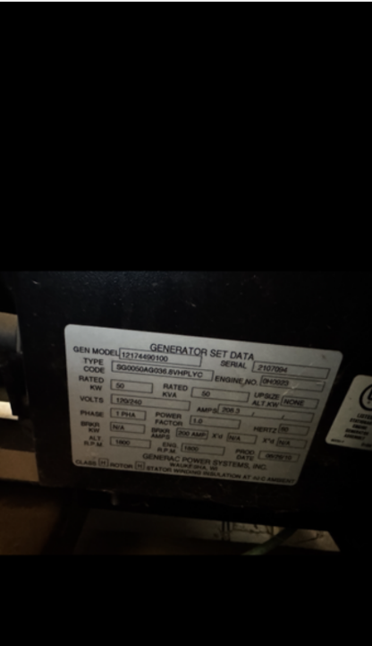 50KW Generac SG050 120/240 1PH Nat Gas LP Generator 187hrs  '10 (SKU: 111131)