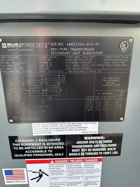 Square D Power Dry II Transformer 225/300kVA 12470V to 480Y/277V 3PH NEMA 3R