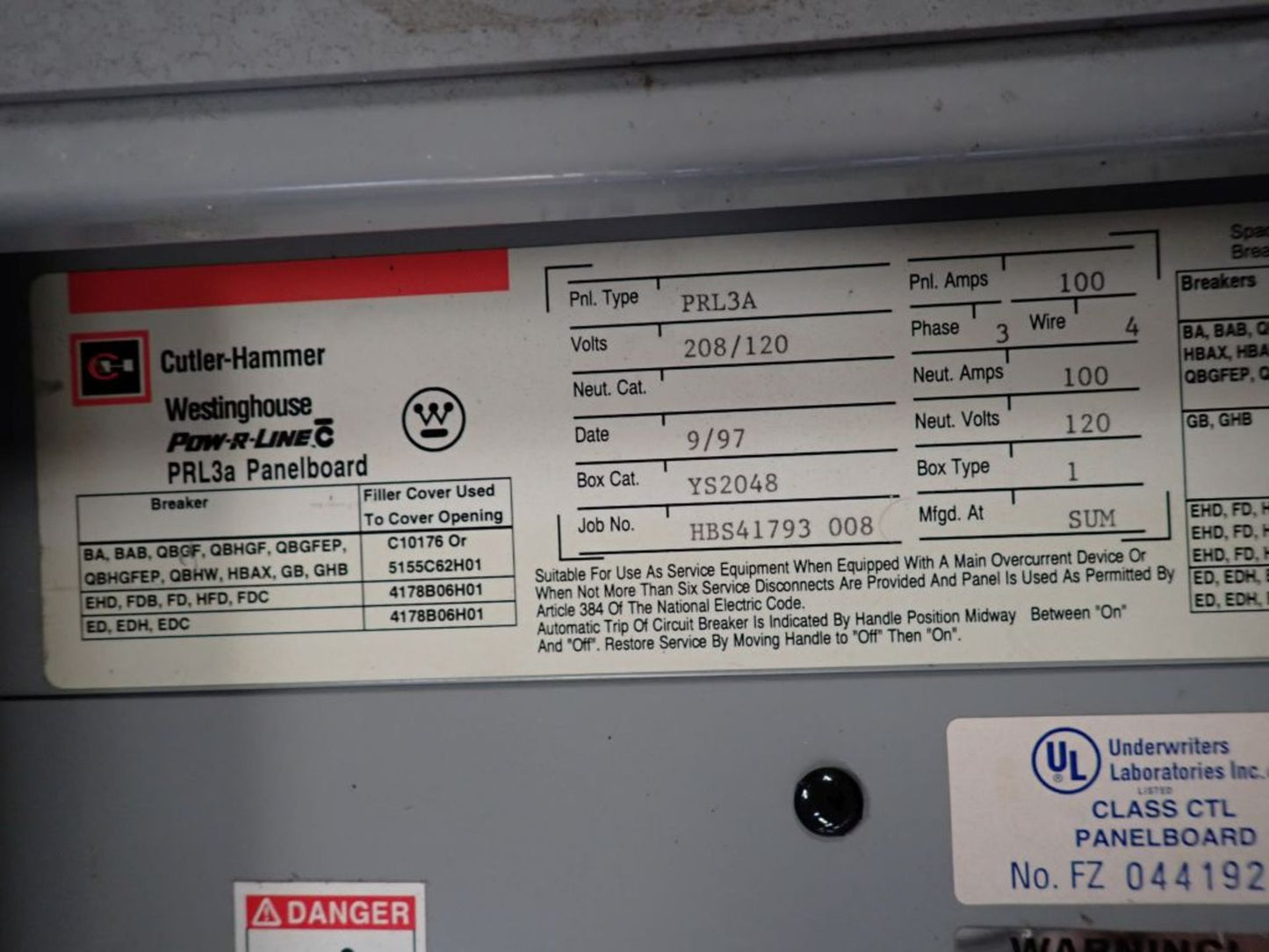 100A Cutler Hammer Pow-R-Line PRL3A Panelboard 208/120V 3PH w/ Circuit Breakers