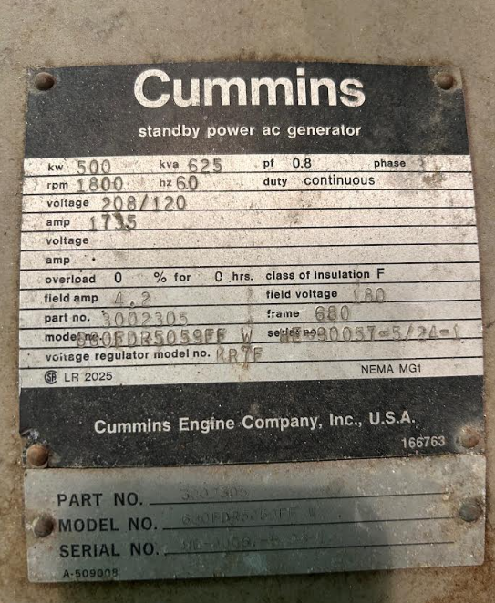 Cummins 500 kW Diesel Generator Set 680FDR5059FF 625kVA 208V/120V 3PH V12 Skid Mount