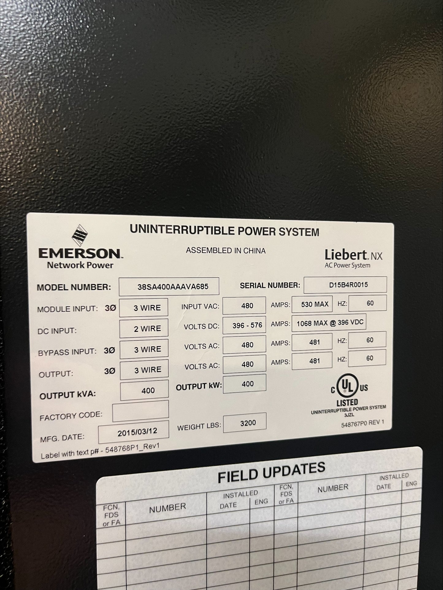Liebert NX 400kVA 400kW UPS System 480V 3-Phase Emerson 38SA400AAAVA685 '15