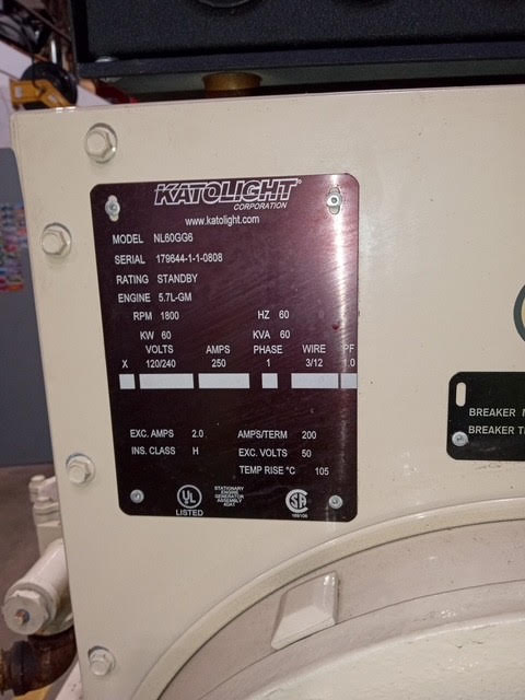 AS-IS 60KW Katolight 120/240V 250A 1PH NG/LP Generator NL60GG6(SKU: 110687)