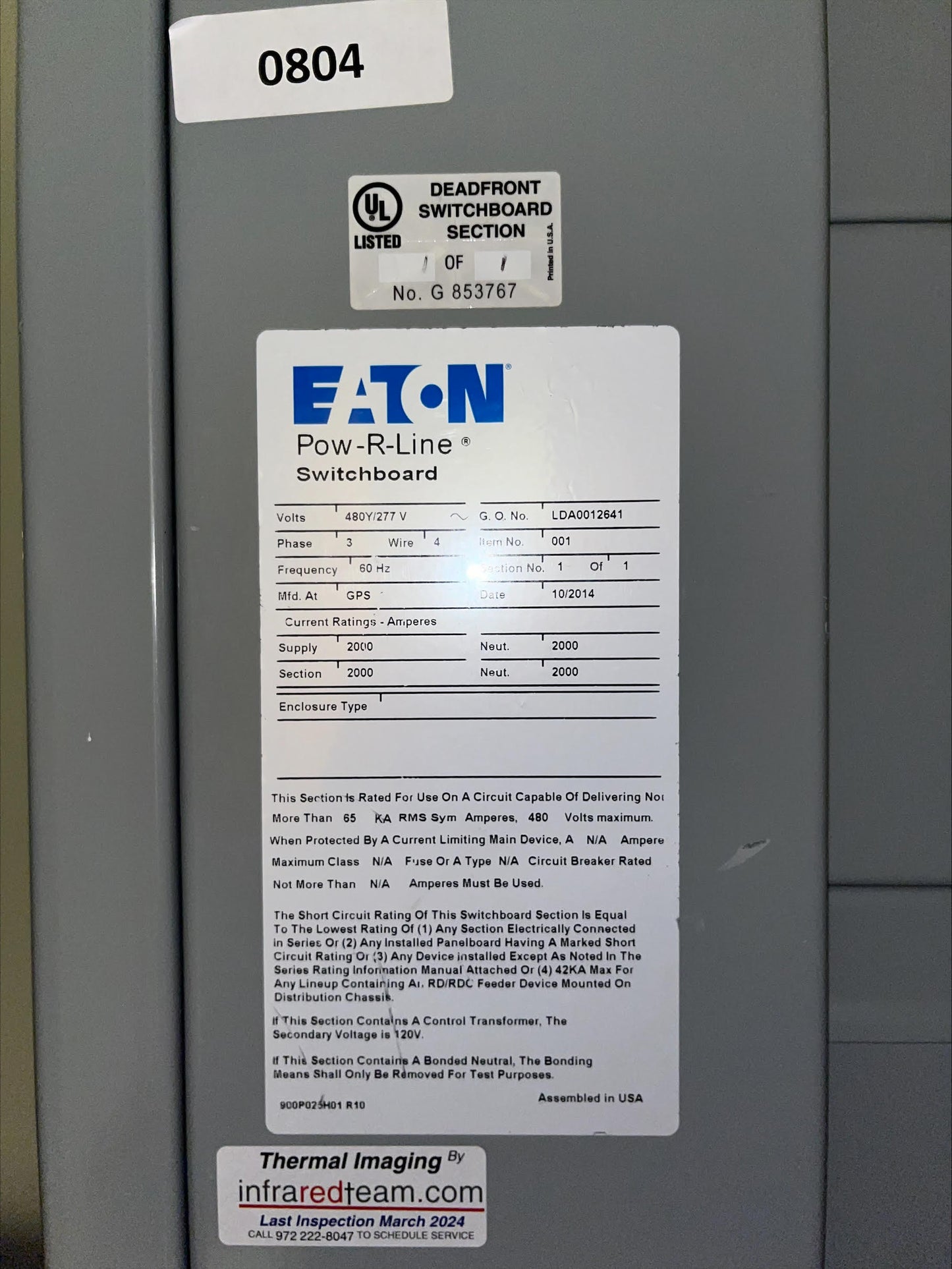Eaton Pow-R-Line 2000A 480Y/277V 3-Phase 4-Wire Distribution Switchboard Section