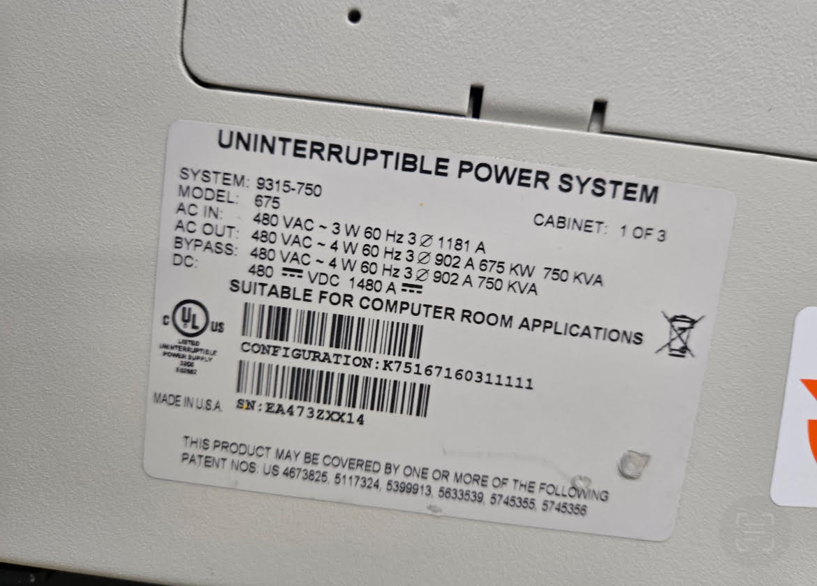 750KVA Eaton PowerWare 675 Model 9315-750 UPS 480x480V
