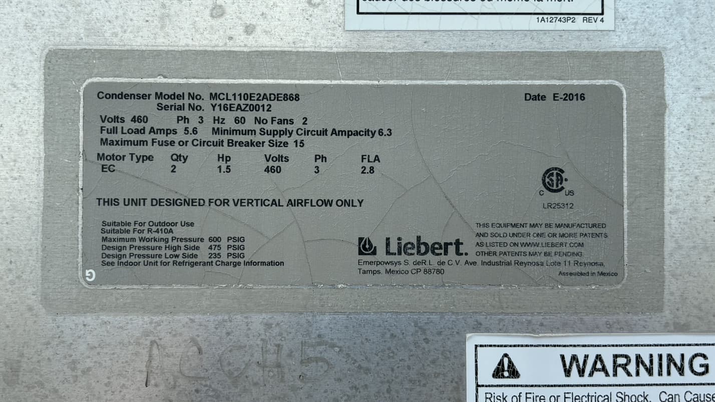Liebert MCL110E2ADE868 Outdoor Air Cooled Condenser 2 EC Fan 460V 3PH 2016
