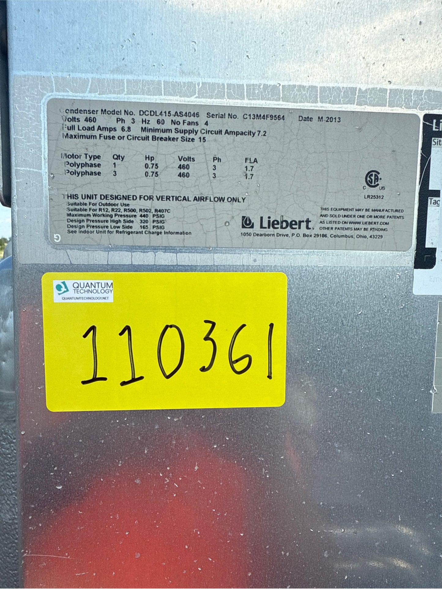 Liebert 4-fan Condenser DCDL415-AS4046 460v 3PH ‘11 and ‘13 (SKU: 110361)
