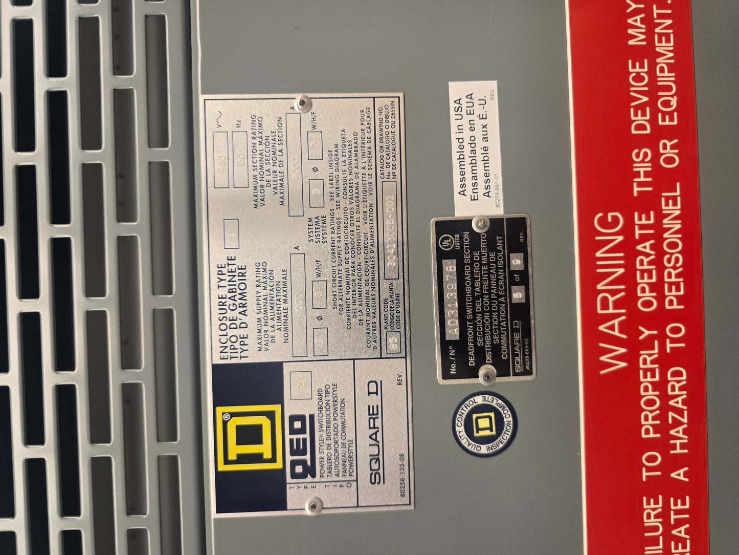 4000A Square D QED Power Style 9-Section Switchgear 480V 60hz 3PH LATE REMOVAL