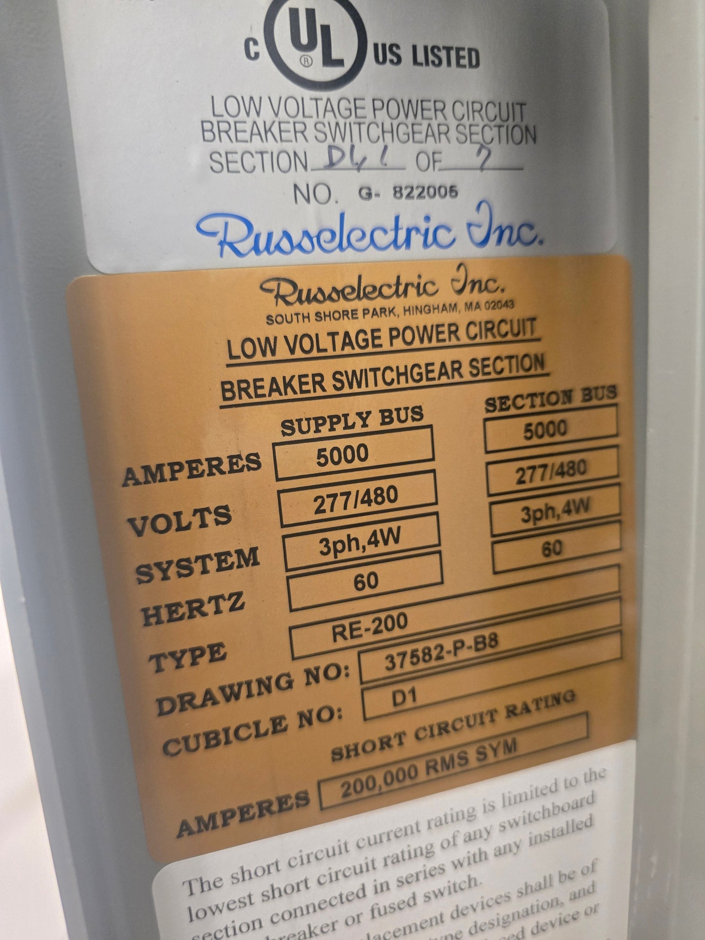 Russelectric 7 Section Switchgear 5000A 3PH 277/480 RE-200 11 Breakers