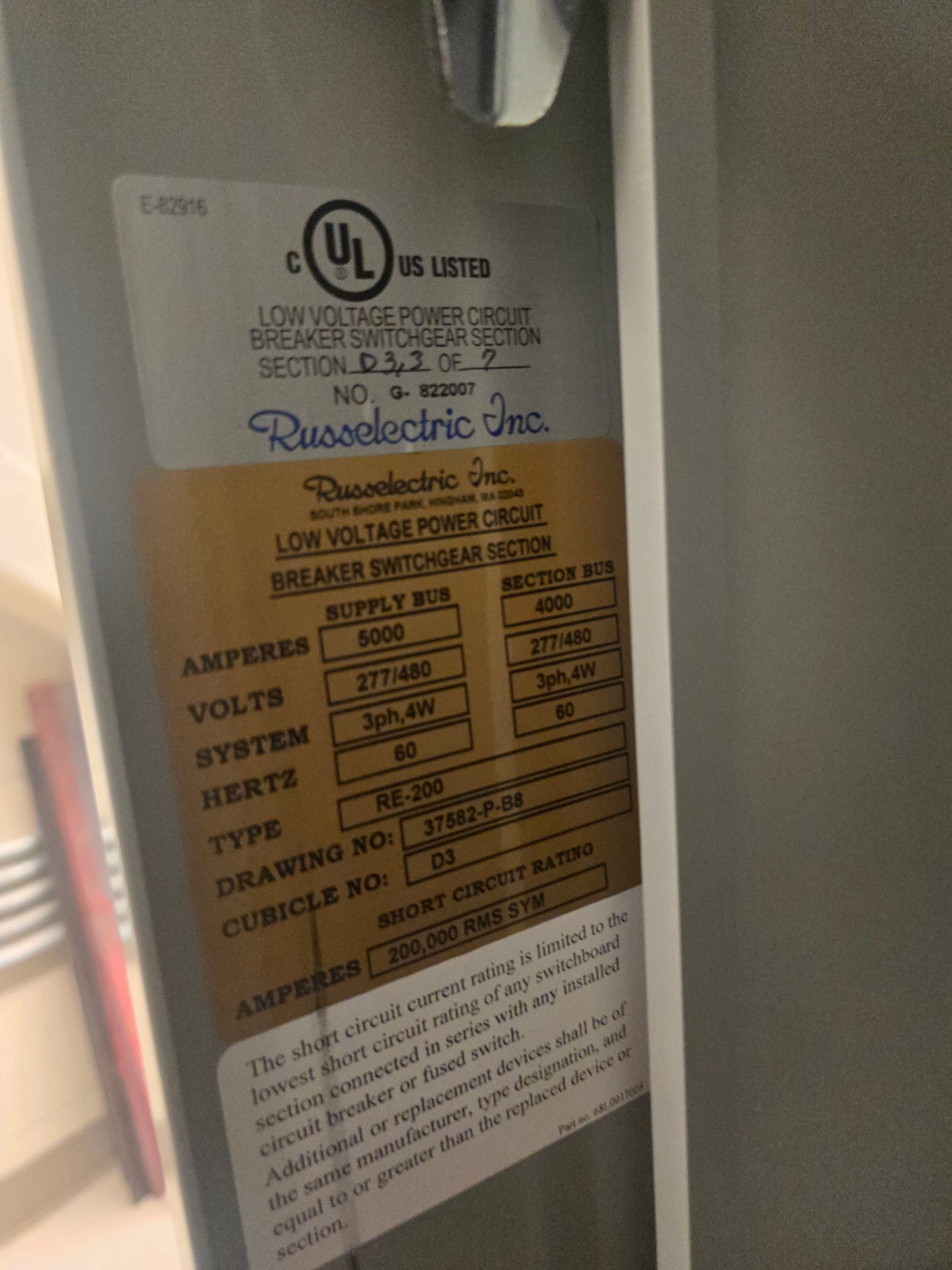 Russelectric 7 Section Switchgear 5000A 3PH 277/480 RE-200 11 Breakers