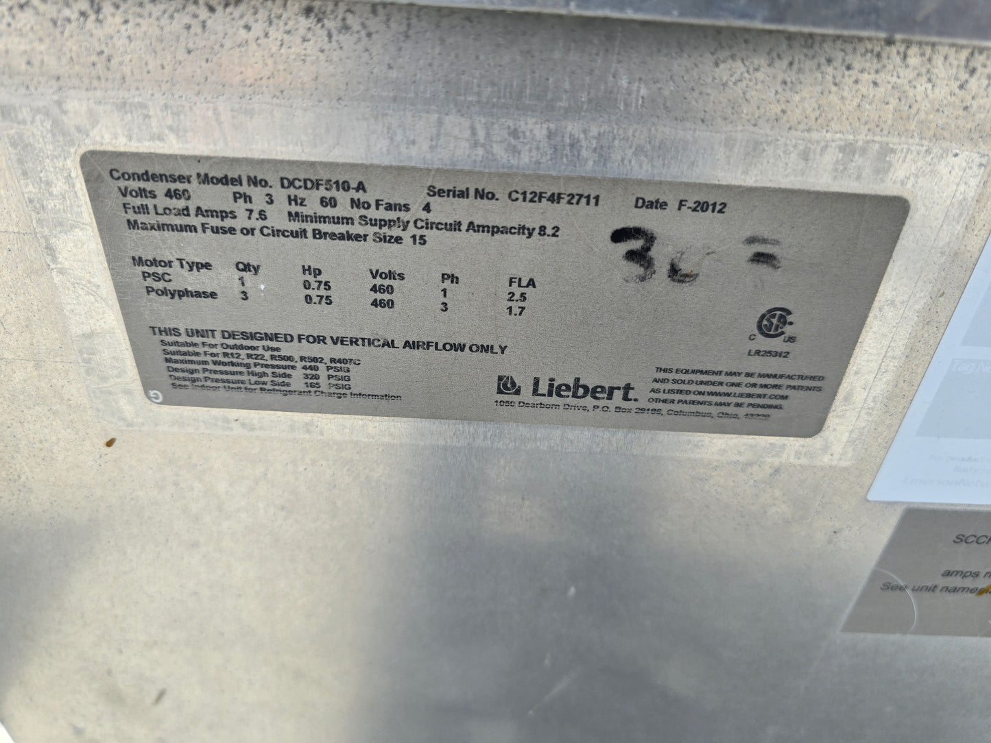 Liebert 4 Fan Condenser DCDF510-A 460v 3 Ph