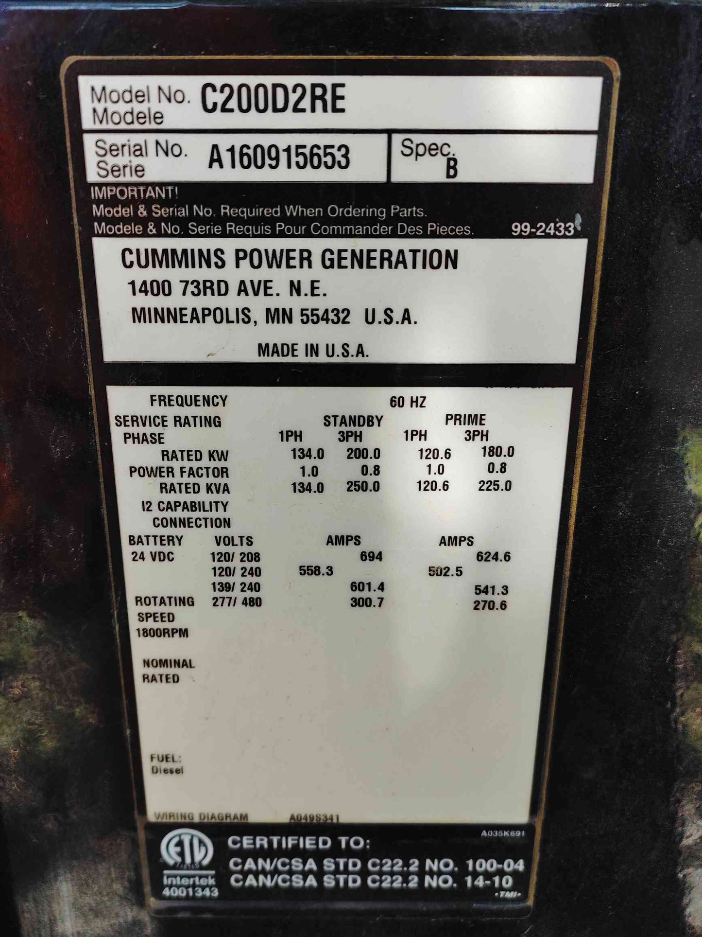 200KW Cummins C200D2RE 1&3PH Diesel Generator Towable TESTED (SKU: 110928)