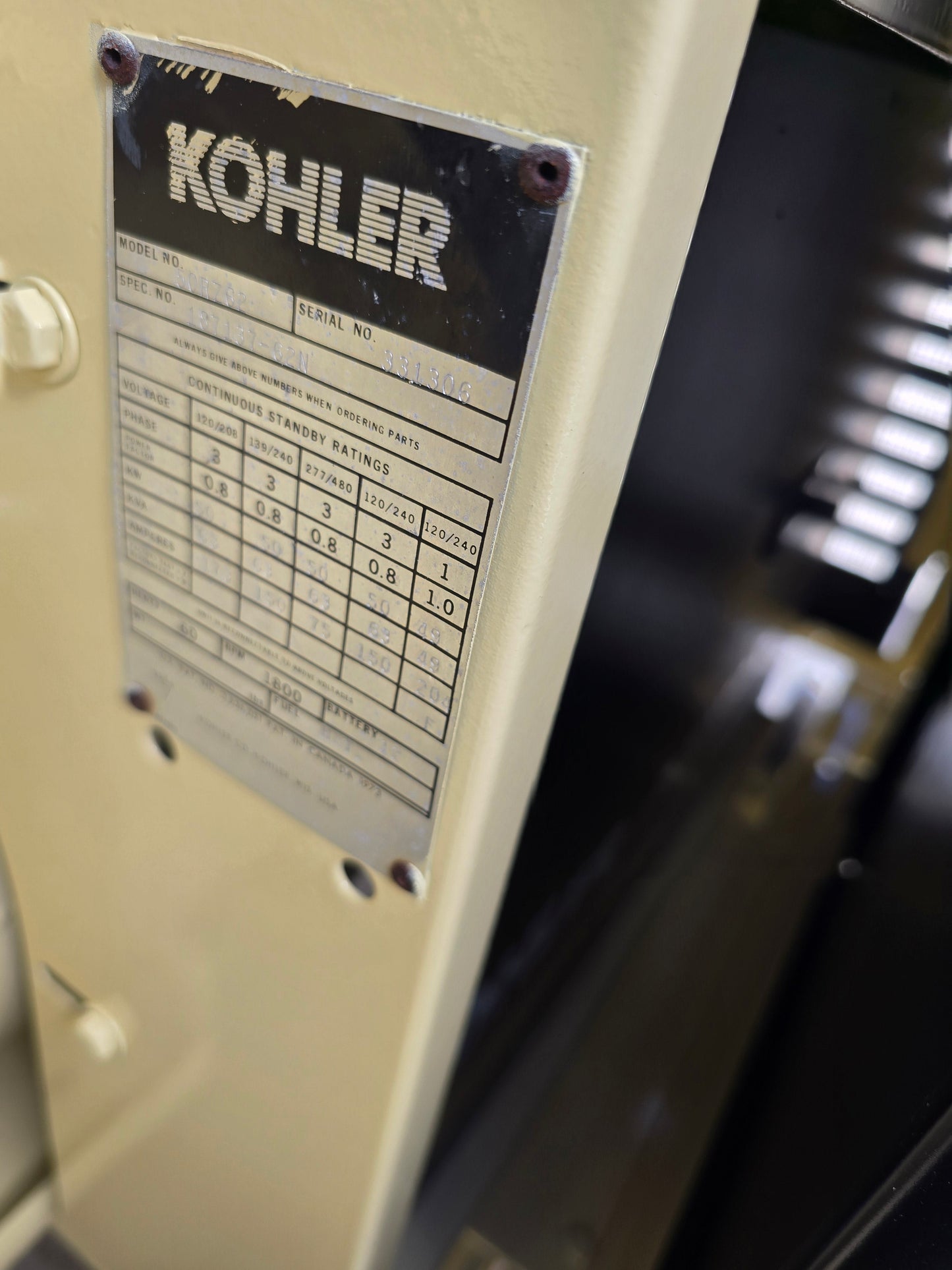 55KW Kohler 50RZ62 Nat Gas LP Enclosed Generator '94 572hrs TESTED