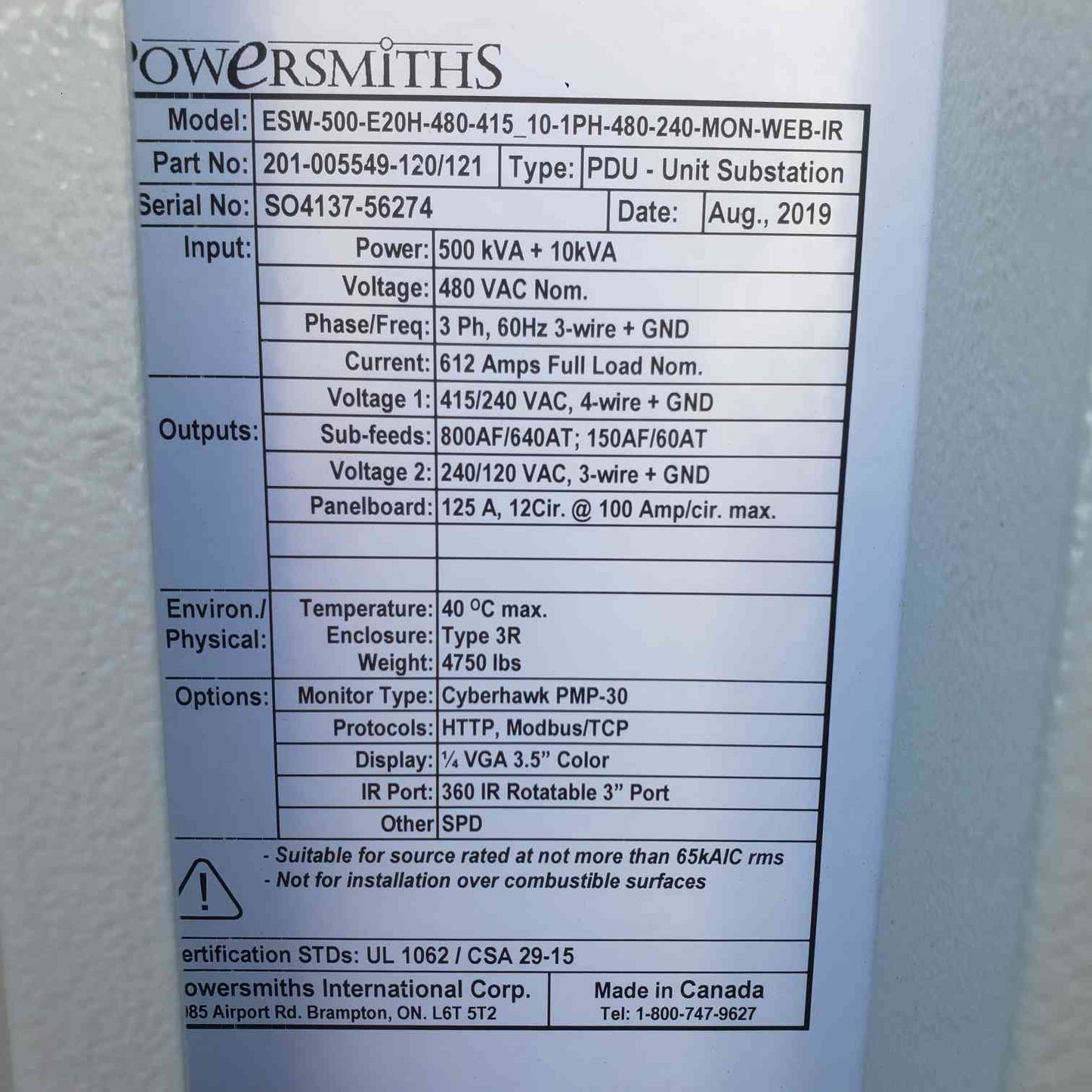 500KVA Powersmiths 480v x 240/120v Crypto Outdoor Transformer ESW-500-E20H-480-415_10-1PH-480-240-MON-WEB-IR Unit Substation (SKU: 111632)