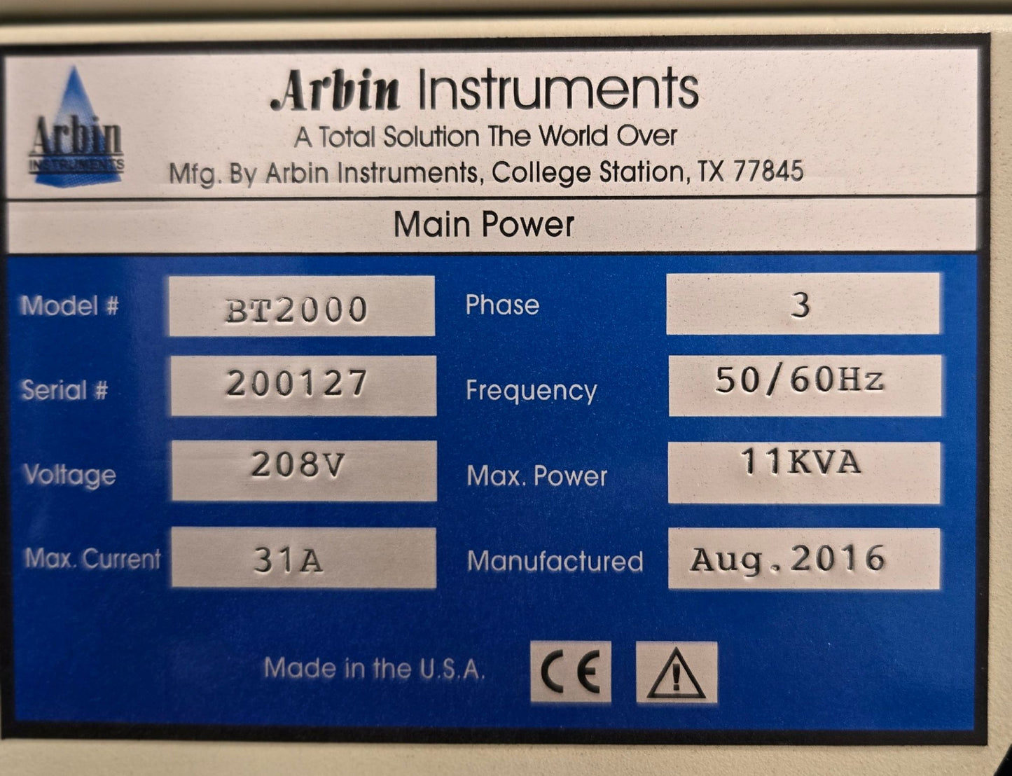 Arbin Instruments BT2000 Battery Testing System 208V 3Ph '16