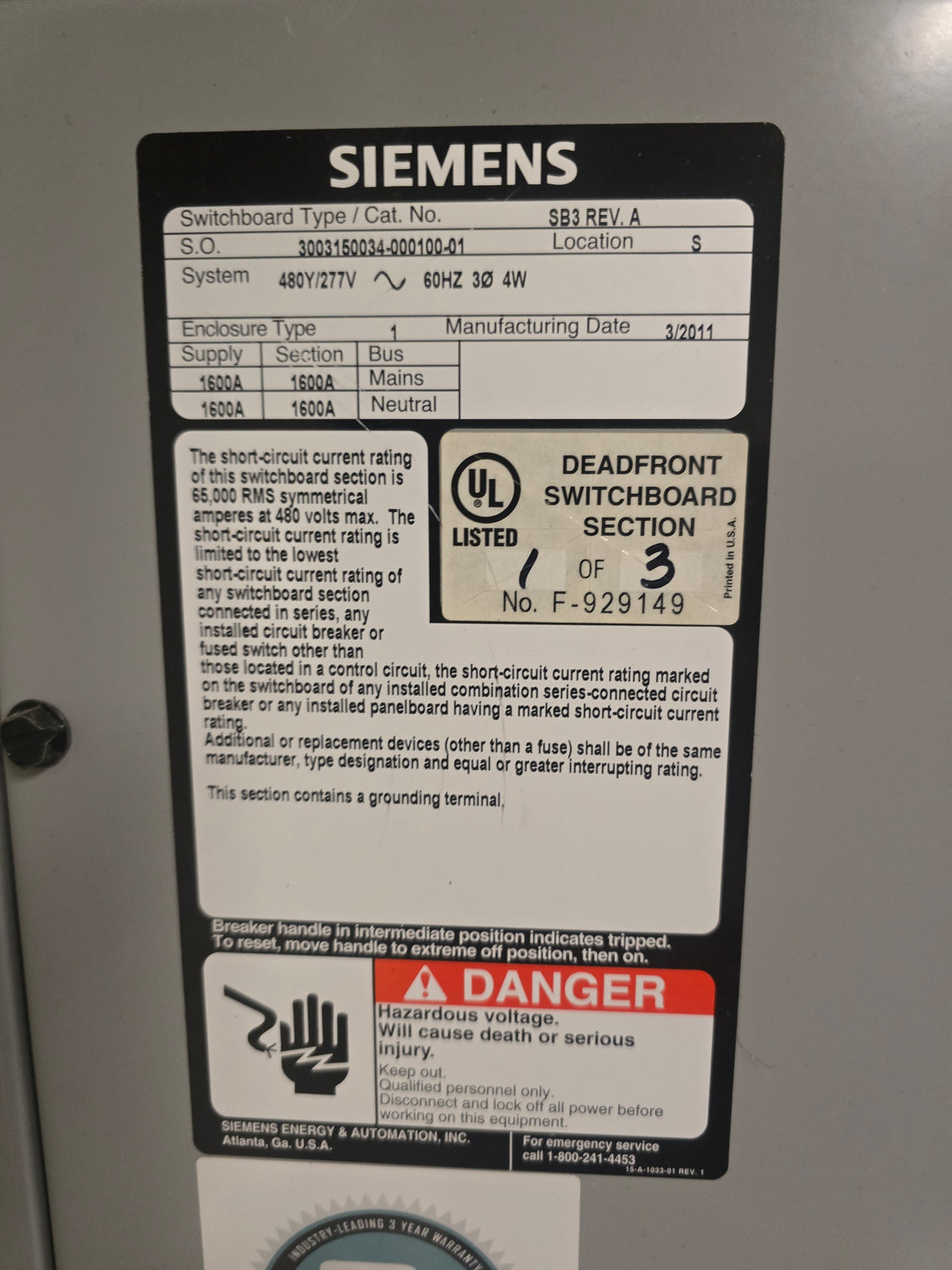 Siemens SB3 1600A 480V 3PH 4W UPS Paralleling Maintenance Bypass Switchboard (Sku:114420)
