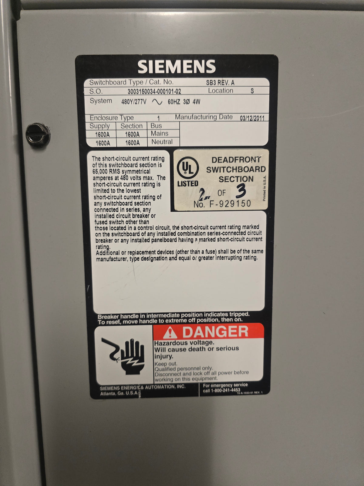 Siemens SB3 1600A 480V 3PH 4W UPS Paralleling Maintenance Bypass Switchboard (Sku:114420)
