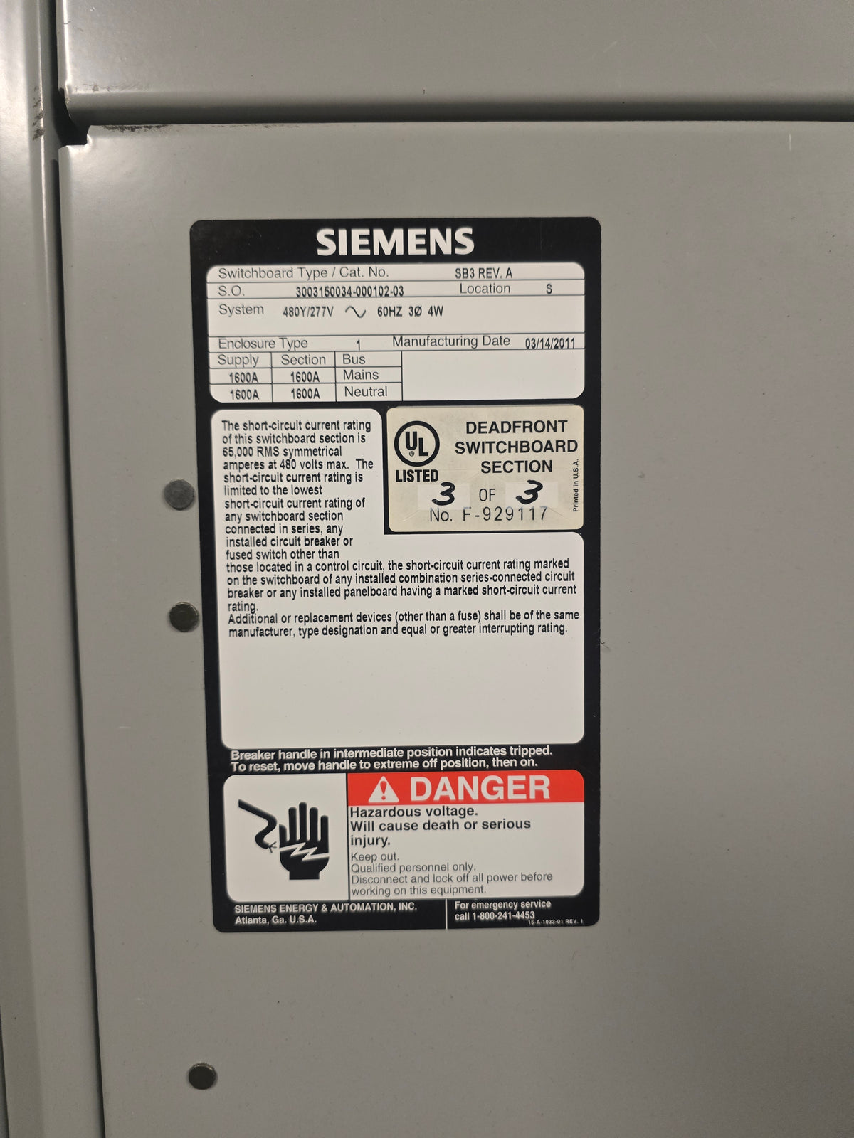 Siemens SB3 1600A 480V 3PH 4W UPS Paralleling Maintenance Bypass Switchboard (Sku:114420)