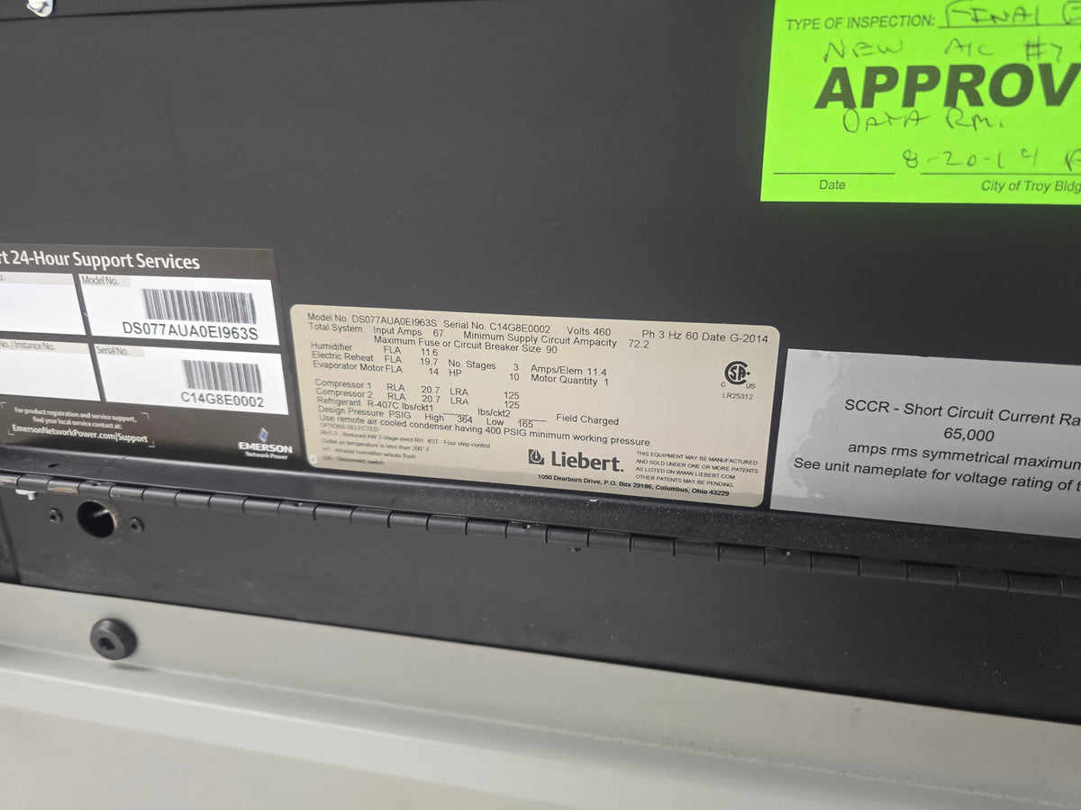 Liebert DS077AUA0EIA785 22 Ton CRAC Unit 460V 3PH Data Center AC