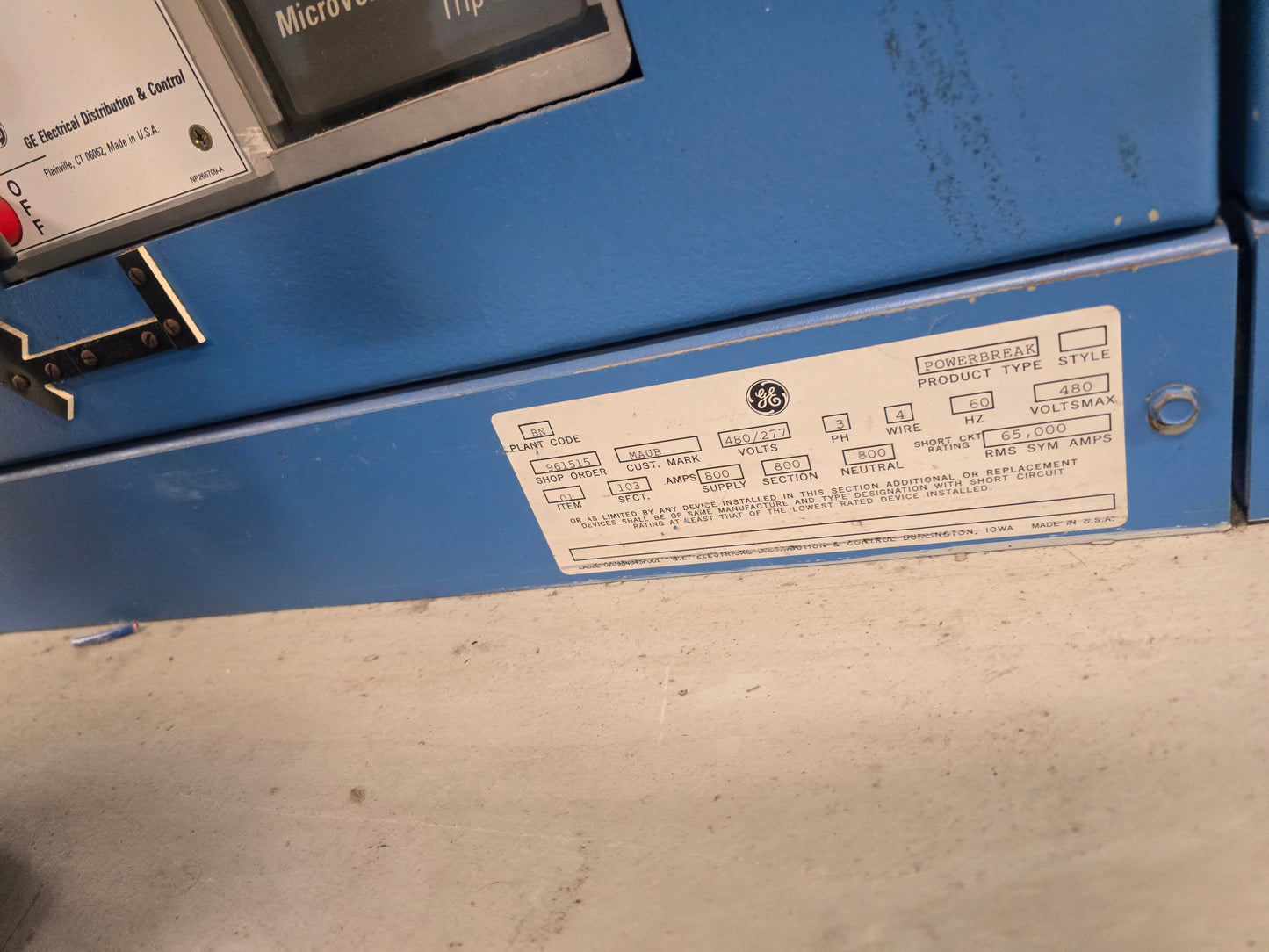 GE PowerBreak 2000A / 800A 480V 3PH Low Voltage Switchboard Lineup Switchgear