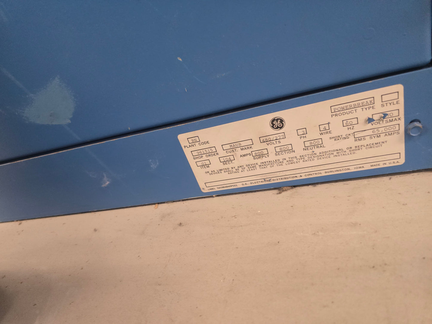 GE PowerBreak 2000A / 800A 480V 3PH Low Voltage Switchboard Lineup Switchgear