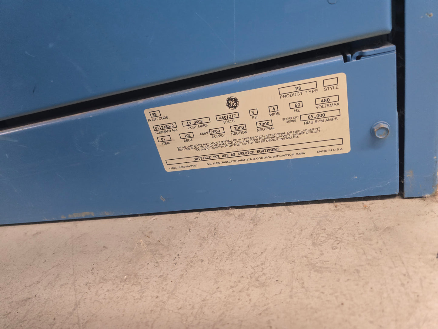 GE PowerBreak 2000A / 800A 480V 3PH Low Voltage Switchboard Lineup Switchgear