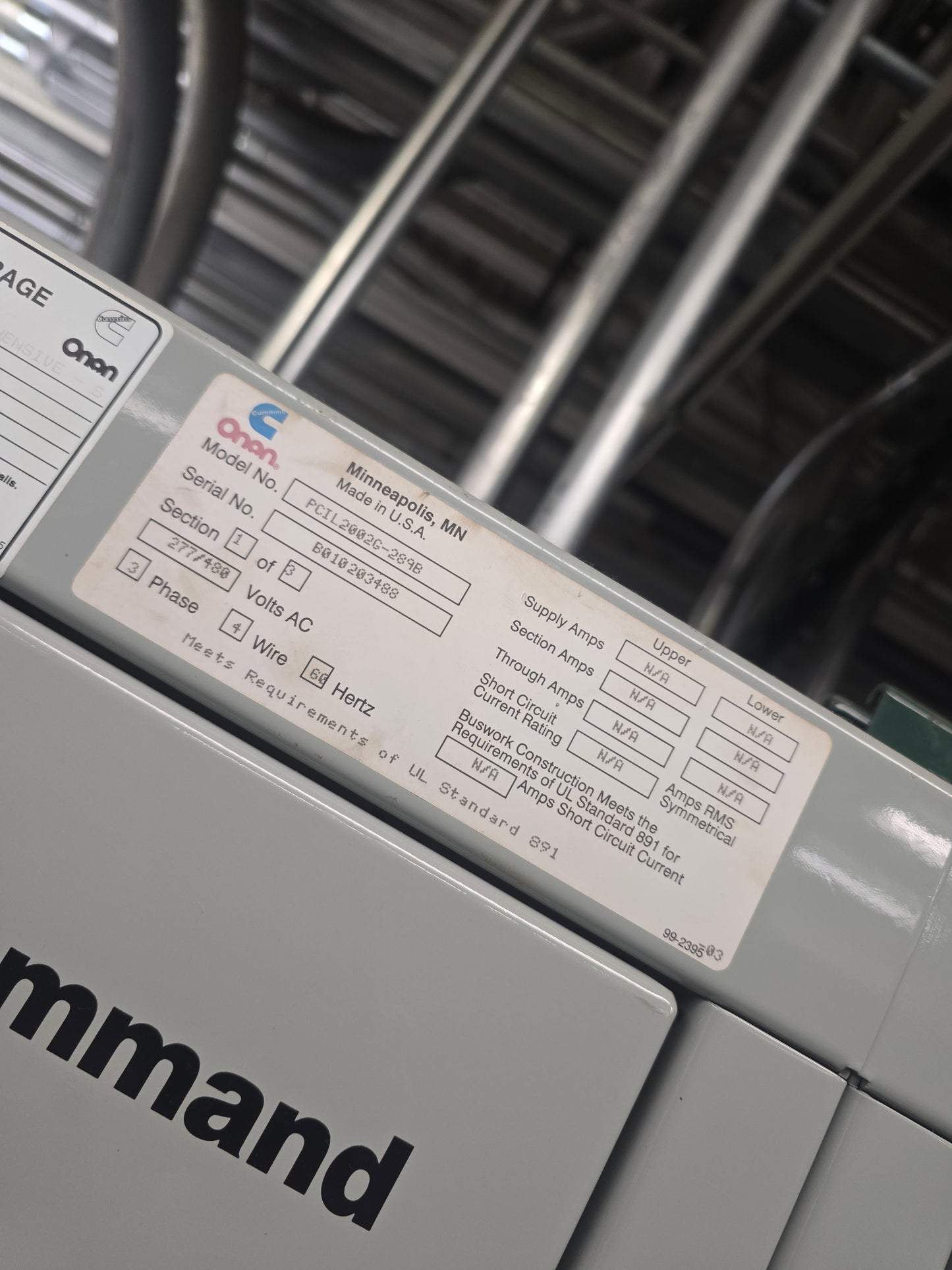Cummins Onan PowerCommand PCIL2002G Digital Master Control 277/480V AC, 3-Phase, 4-Wire Switchgear