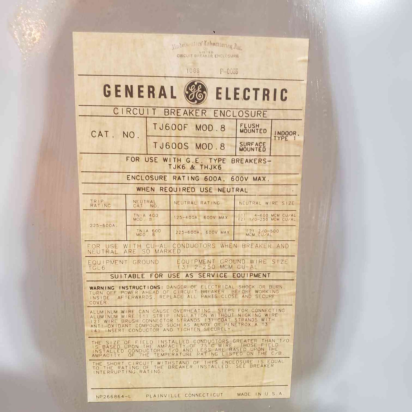 GE TJK636F000 600A Circuit Breaker in TJ600S Enclosure 3-Pole 600V Service Disconnect (SKU: 112798)