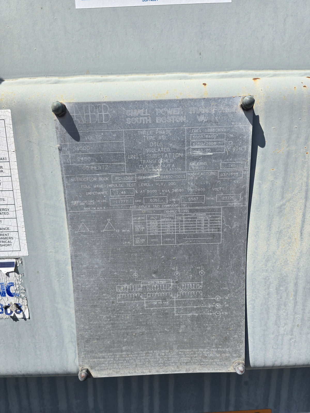 ABB 5000 KVA Unit Substation Power Transformer 34500V to 2400V 3 Phase 60Hz Oil