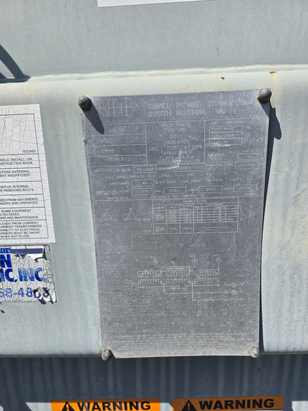 ABB 5000 KVA Unit Substation Power Transformer 34500V to 2400V 3 Phase 60Hz Oil