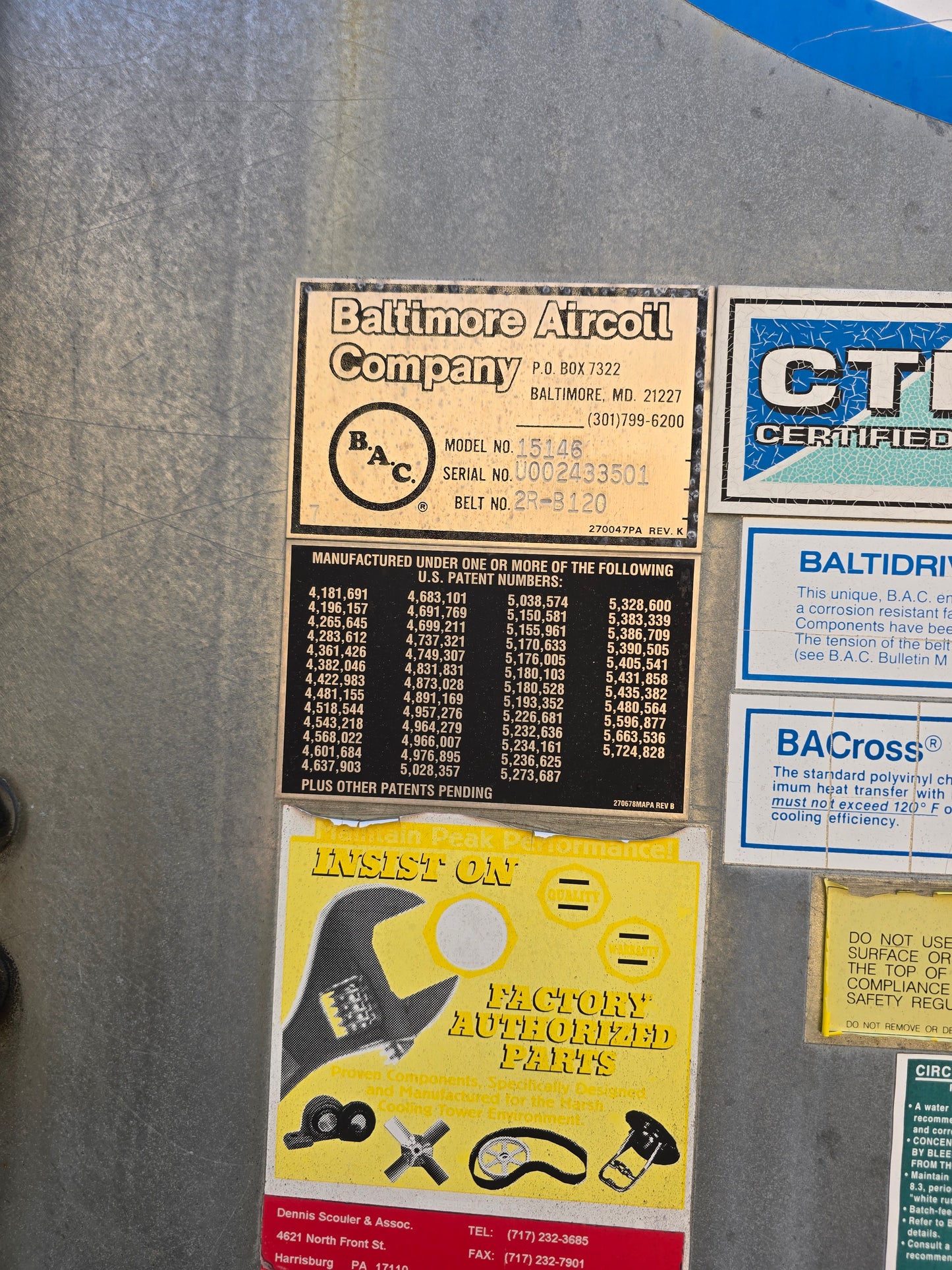 125 Ton Cooling Tower BAC Baltimore Aircoil 15146 Series 1500 Stainless Steel