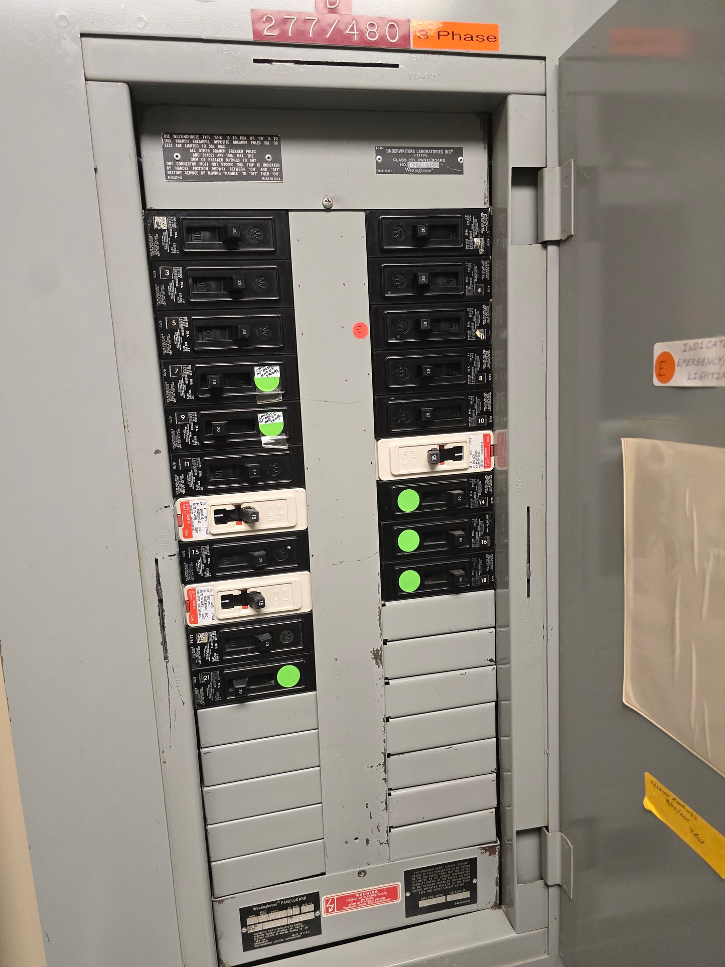 Westinghouse 225A 277/480V 3-Phase 4-Wire 42-Circuit Panelboard with Eaton EHD 14k Breakers
