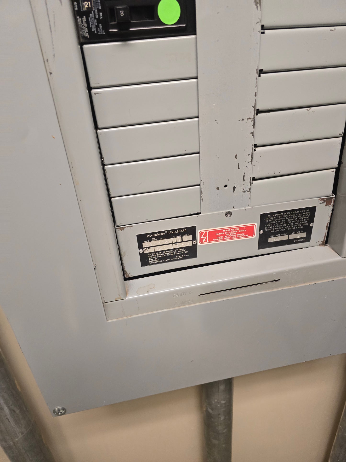 Westinghouse 225A 277/480V 3-Phase 4-Wire 42-Circuit Panelboard with Eaton EHD 14k Breakers