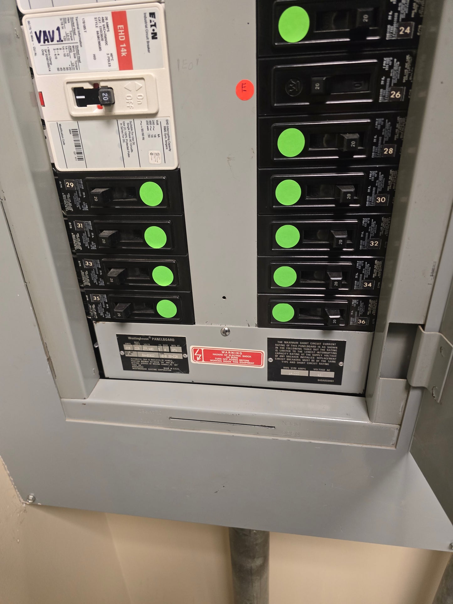 Westinghouse 225A 277/480V 3-Phase 4-Wire 42-Circuit Panelboard with Eaton EHD 14k Breakers