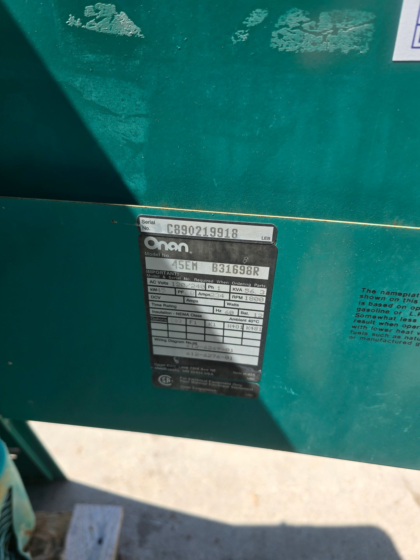 45KW Onan LP gas 4.9 Ford 1 Phase enclosed '89 988hrsTESTED