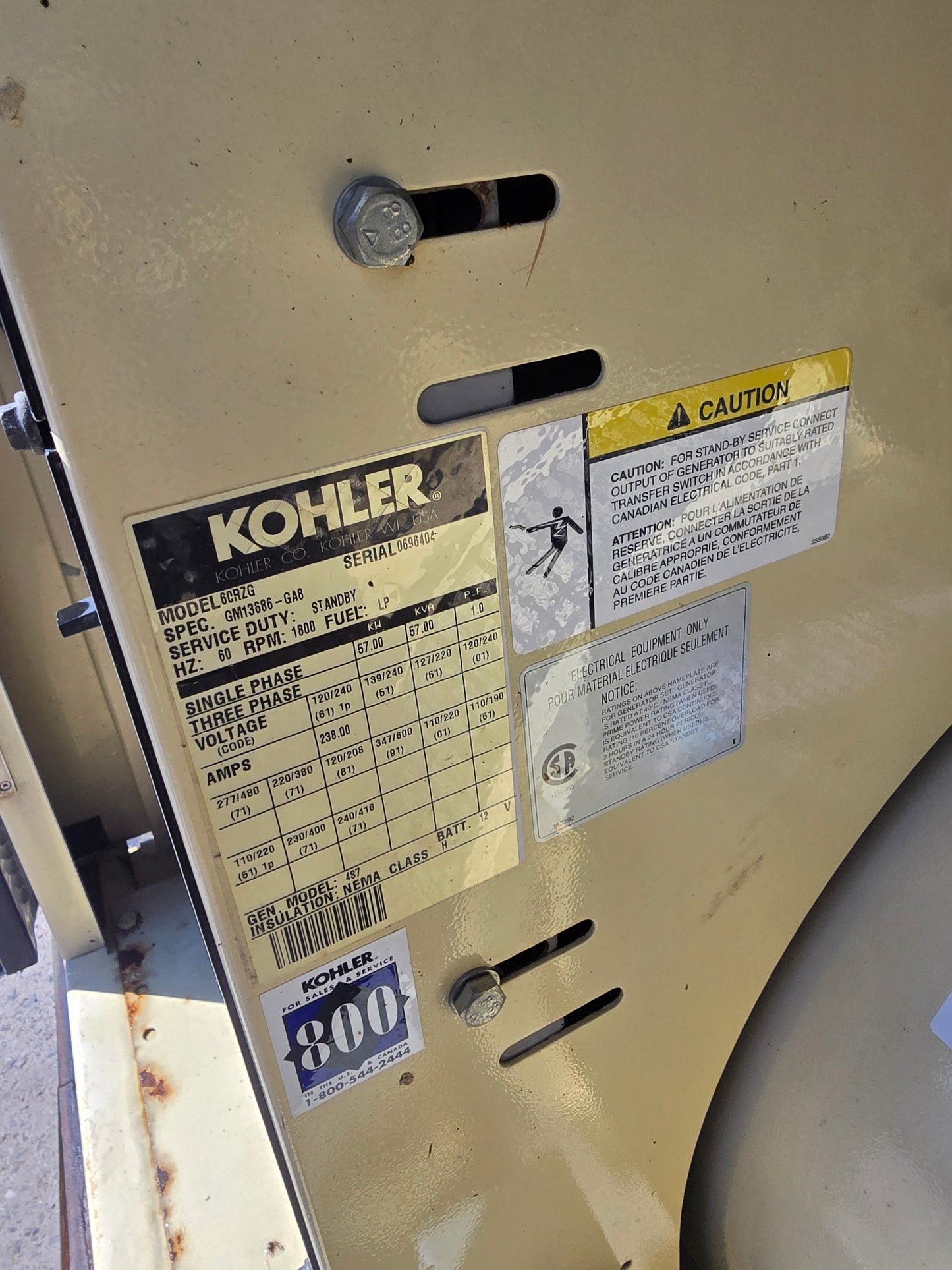 Kohler 57KW LP Propane Generator GM 5.7L Enclosed 2001 1024 Hrs TESTED