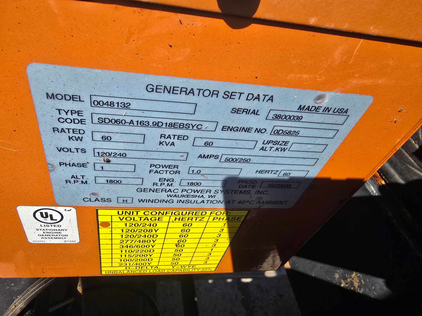 Generac 60KW Diesel Generator Mitsubishi 4034-T Enclosed Tank 2003 397Hrs TESTED