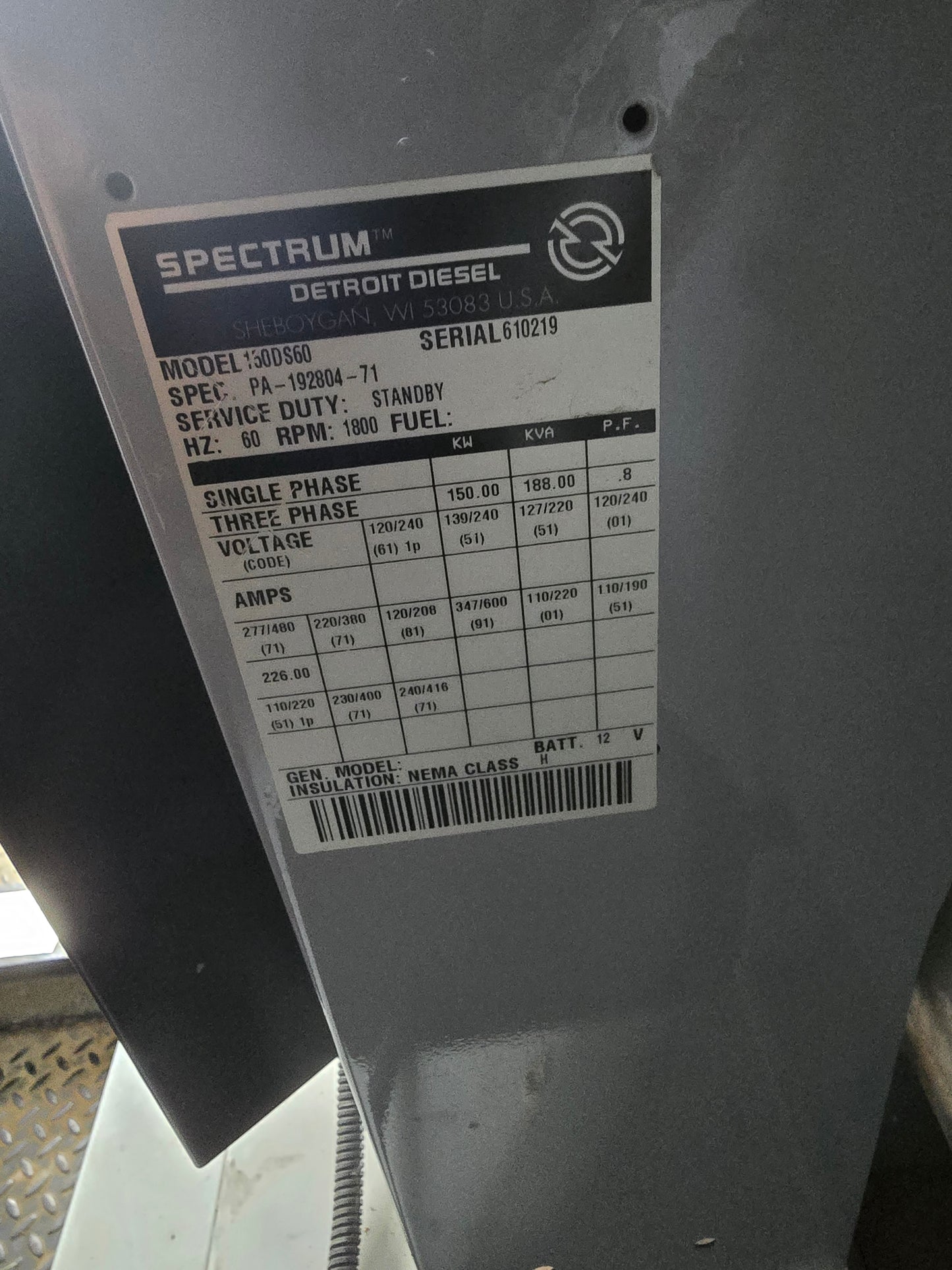 Detroit Diesel Spectrum 150kW Generator 150DS60 3PH 300 HRS TESTED