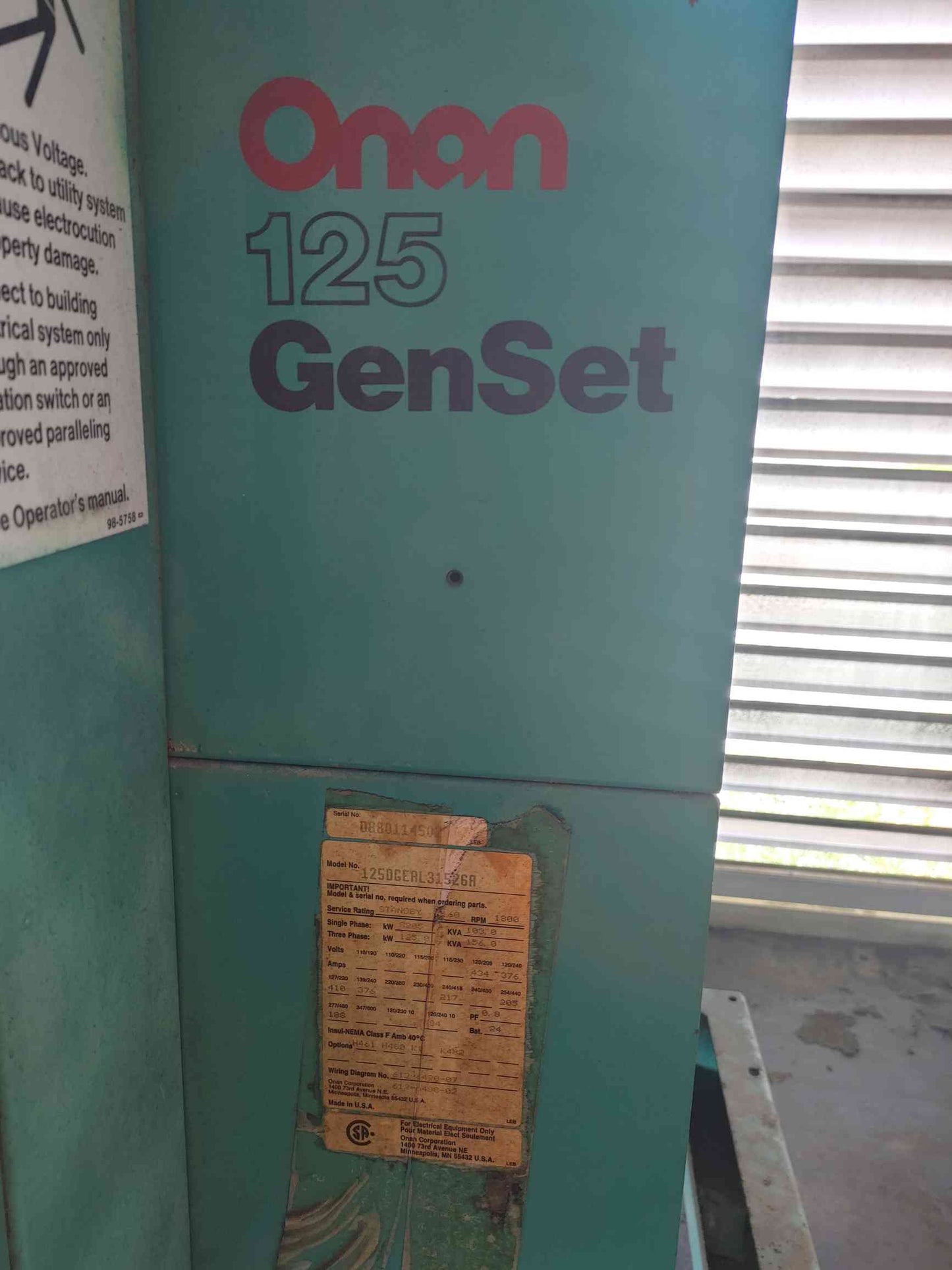 Cummins Onan 125 kW Diesel Generator 125DGEAL 3 Phase Single Standby Enclosure 1157.9Hrs TESTED(SKU: 114117)
