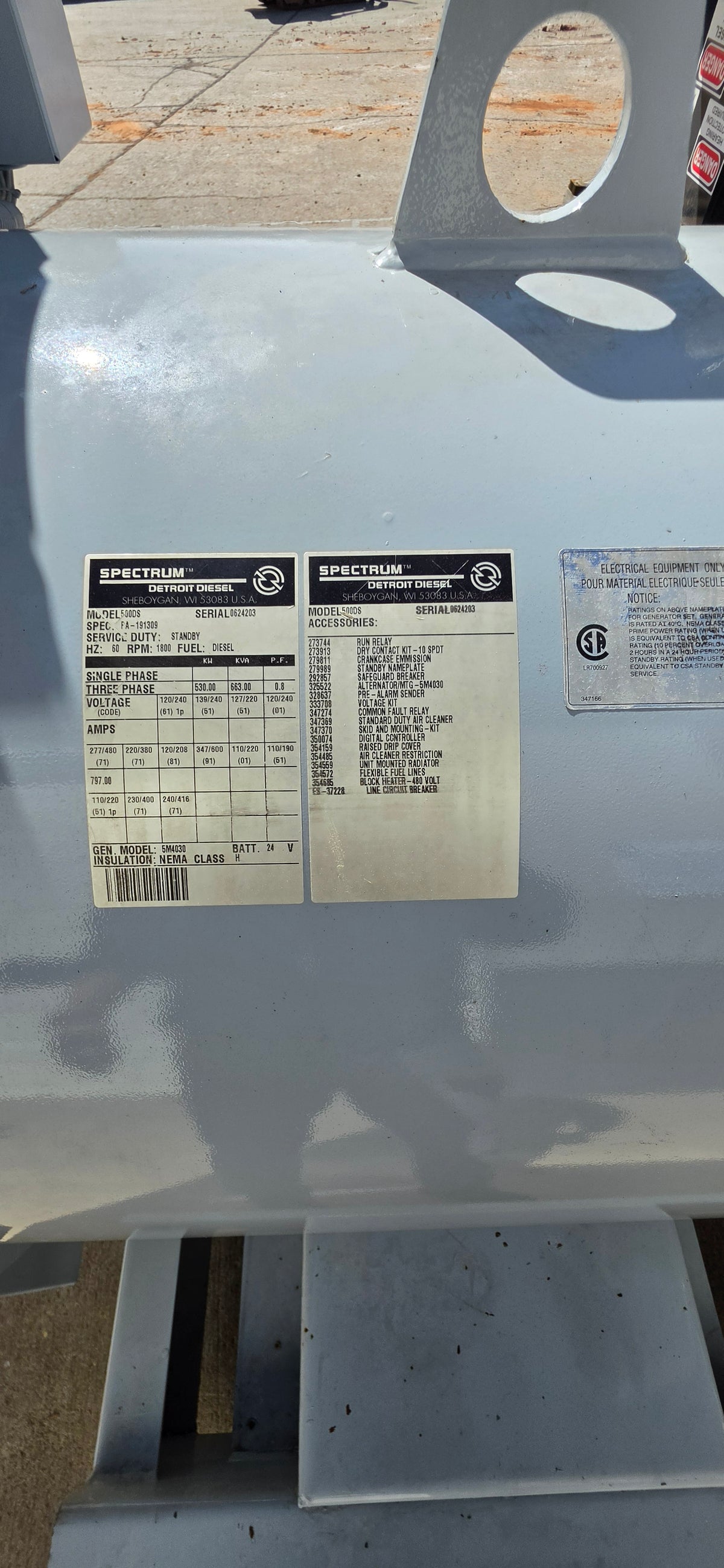 Spectrum 530kW Diesel Generator Detroit 12V2000 500DSE 480V Open Skid 540Hrs